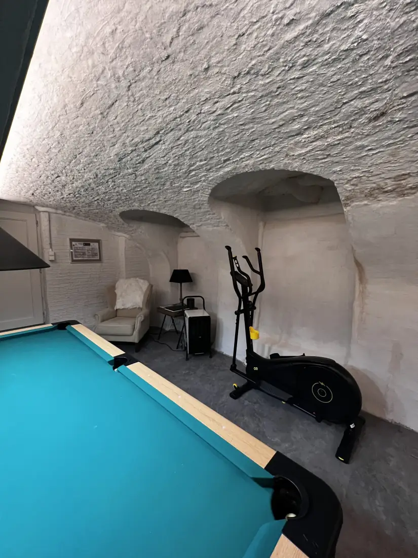 Zit- en fitnesshoek van de mancave met een mobiel luchtontvochtigingstoestel tegen de gewelfde muur