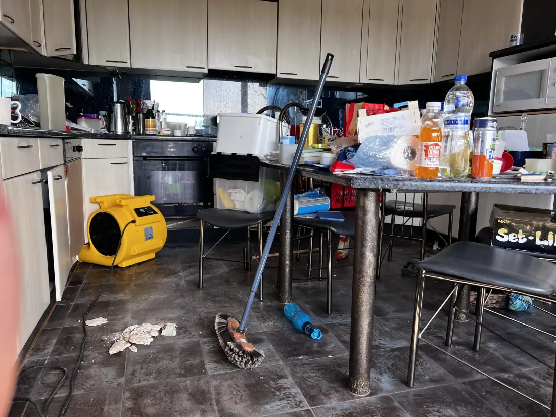 Inspectie van de vochtschade aan de vloer