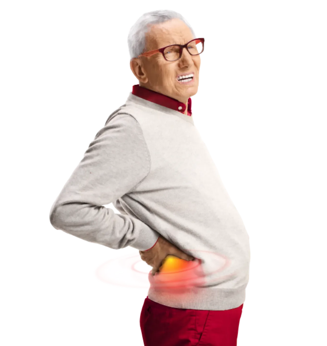 Oudere man met rugpijn na het tillen van een zwaar toestel